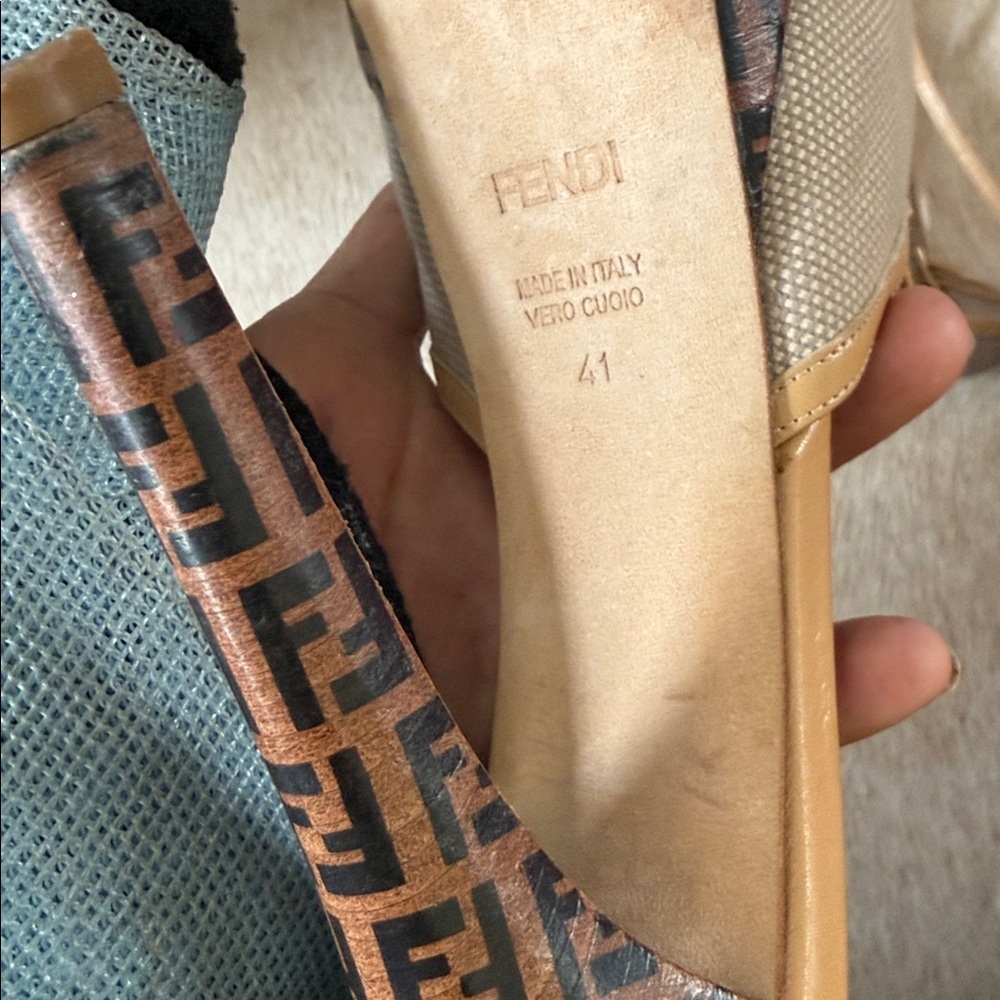 Fendi Beige Zucca Strappy Platform Peep-Toe Heels with FF Logo Platform - Picture 10 of 13